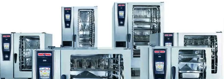 Row of commercial combi ovens