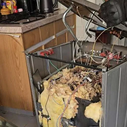 Cooker opened up to reach the wiring behind the controls