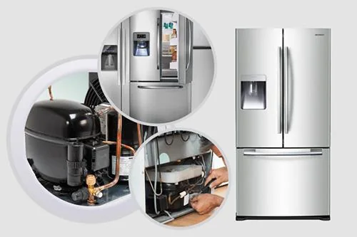 French-door fridge with close-ups of its compressor and a technician at work