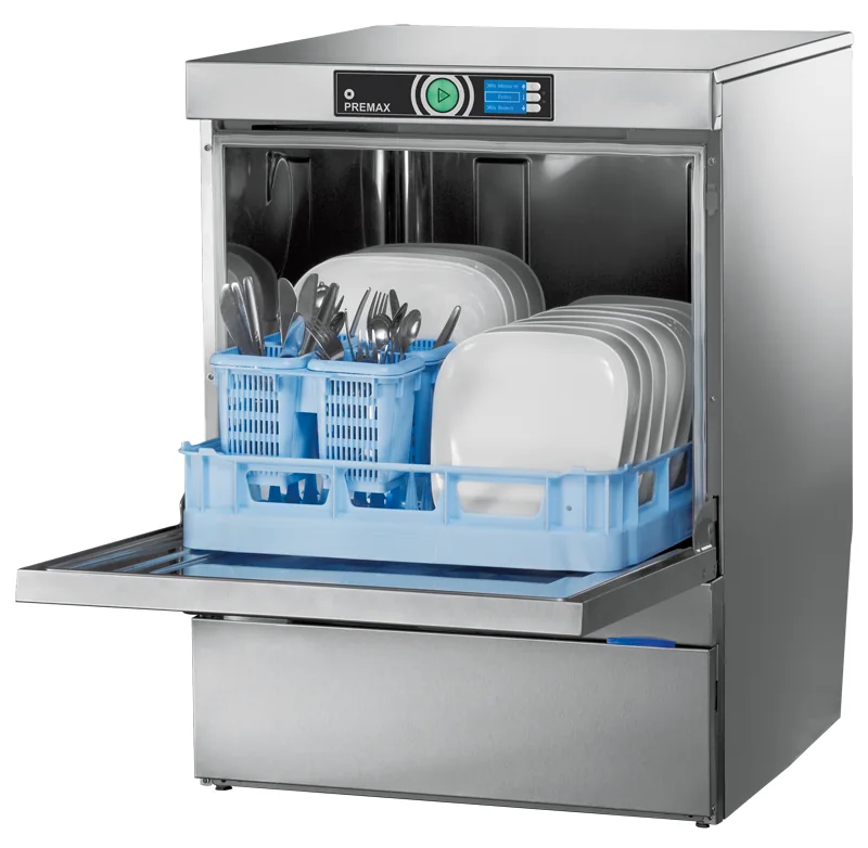 Undercounter commercial dishwasher with a rack of plates and cutlery